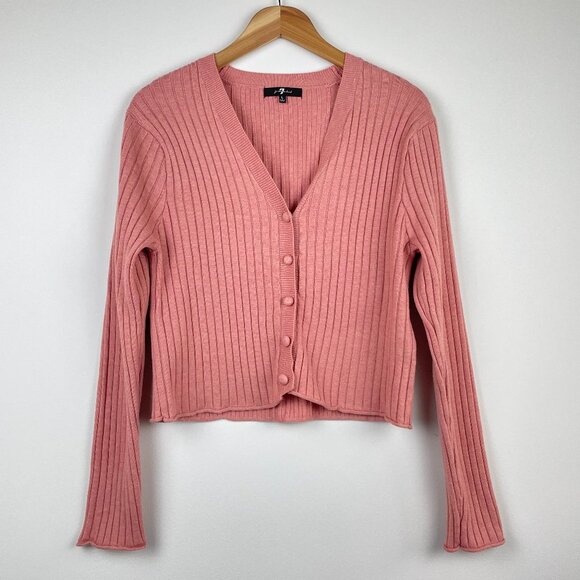 7 For All Mankind Women's Pink Cropped Button Up Cardigan Size Large Long Sleeve - Picture 1 of 6